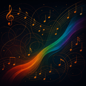 Abstract digital artwork visualizing Travis Sullivan’s music — intertwining geometric arcs symbolizing saxophone melodies, fluid harmonic landscapes, rhythmic cycles, and energy flows balancing order and freedom